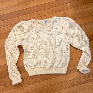 & Other Stories Cream Crochet Crewneck Sweater with Puff Shoulders